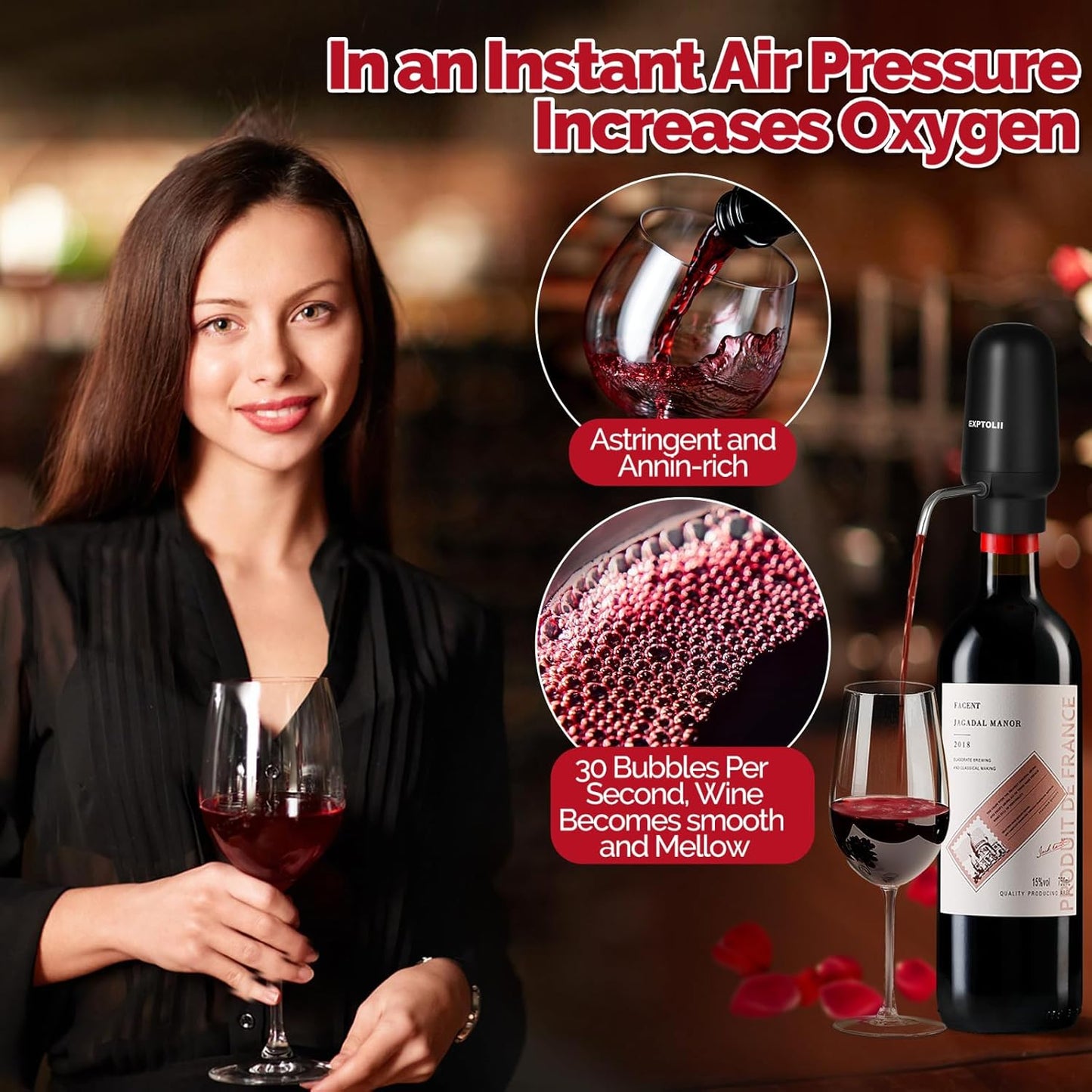 Wine Aerator, Electric Wine Decanter, Automatic Wine Pourer, One Touch Wine Dispenser, Wine Lover Gifts for Red and White Wine Re-Chargeable