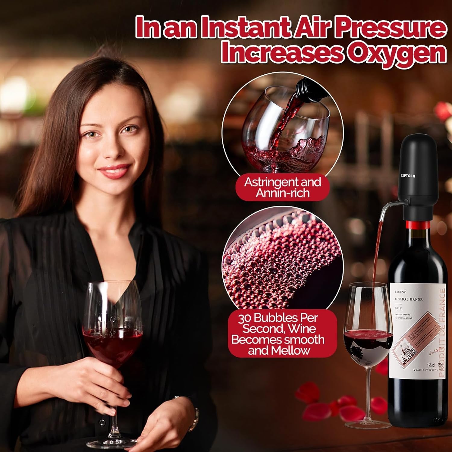 Wine Aerator, Electric Wine Decanter, Automatic Wine Pourer, One Touch Wine Dispenser, Wine Lover Gifts for Red and White Wine Re-Chargeable